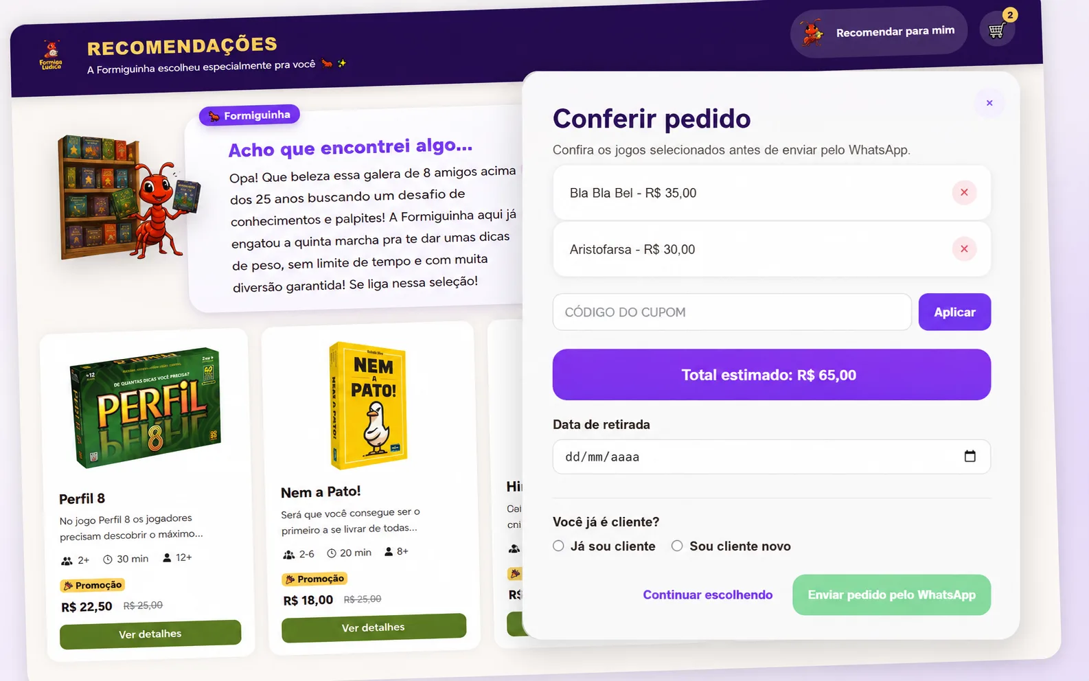 Carrinho de pedidos com cupom de desconto