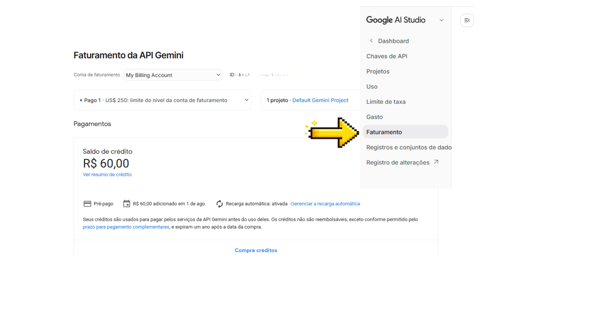 Janela "Compre créditos" com o campo de valor e a opção de recarga automática em destaque