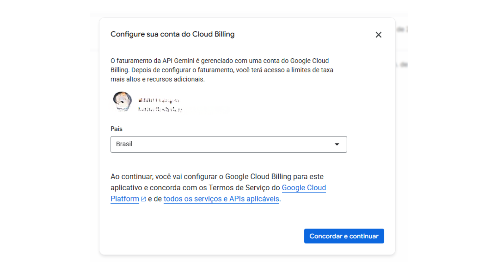 Janela "Configure sua conta do Cloud Billing" com a seleção de país