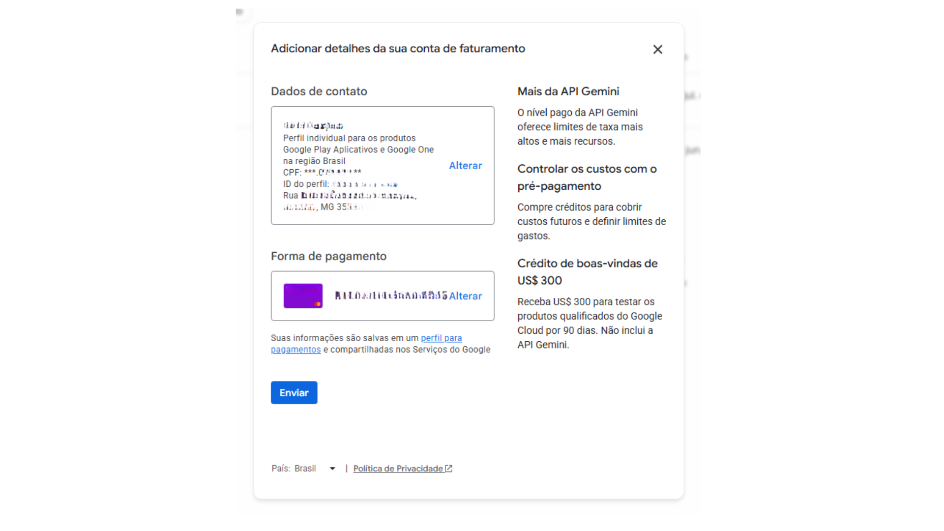 Janela "Adicionar detalhes da sua conta de faturamento" com dados de contato e forma de pagamento