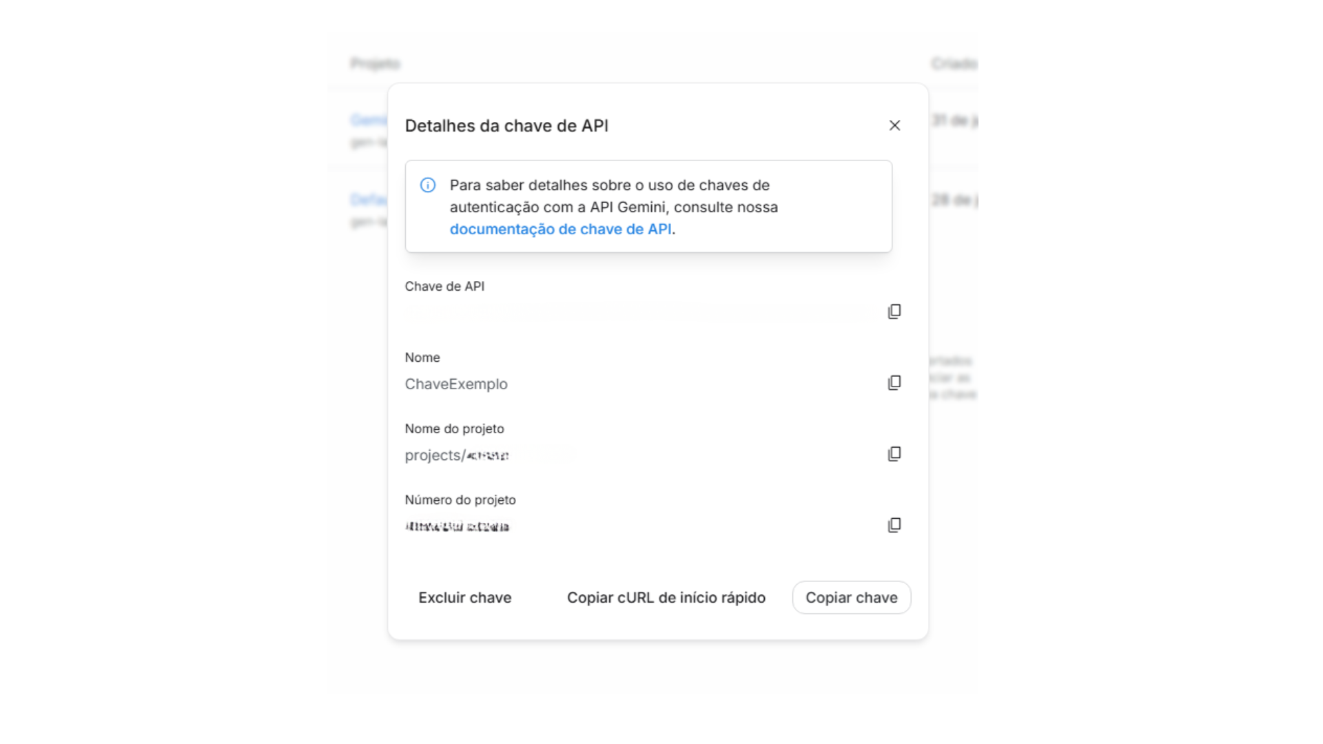 Tela "Detalhes da chave de API" com as informações da credencial criada