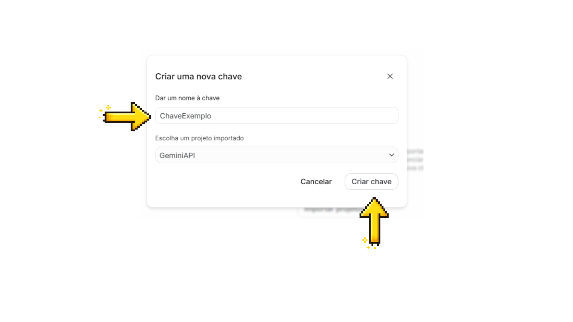 Janela "Criar uma nova chave" com o nome ChaveExemplo e o projeto GeminiAPI selecionado