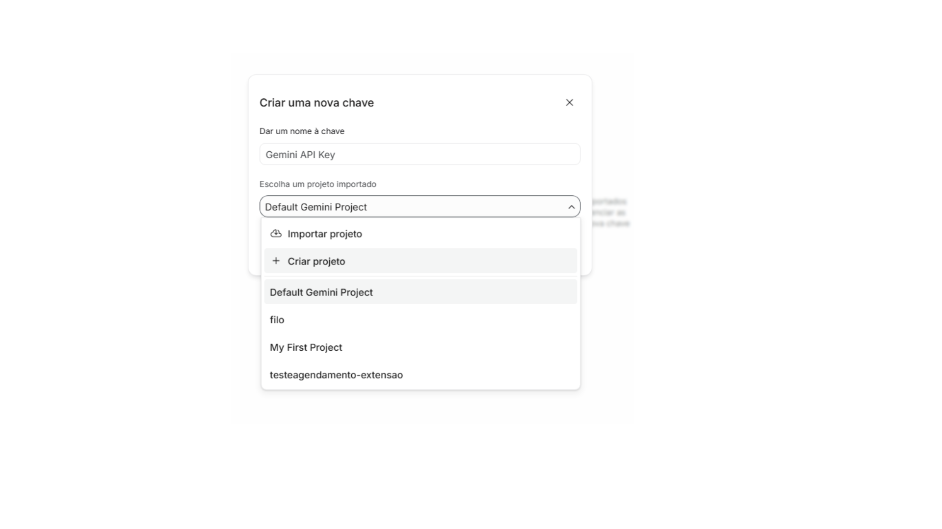 Janela "Criar uma nova chave" com a lista de projetos disponíveis