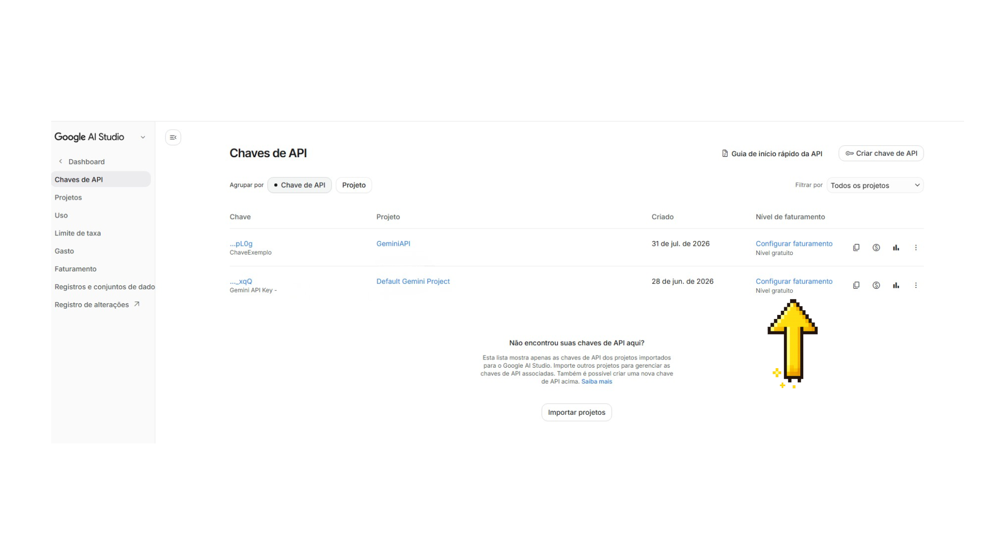 Painel de chaves de API com a nova chave criada e o link "Configurar faturamento" em destaque