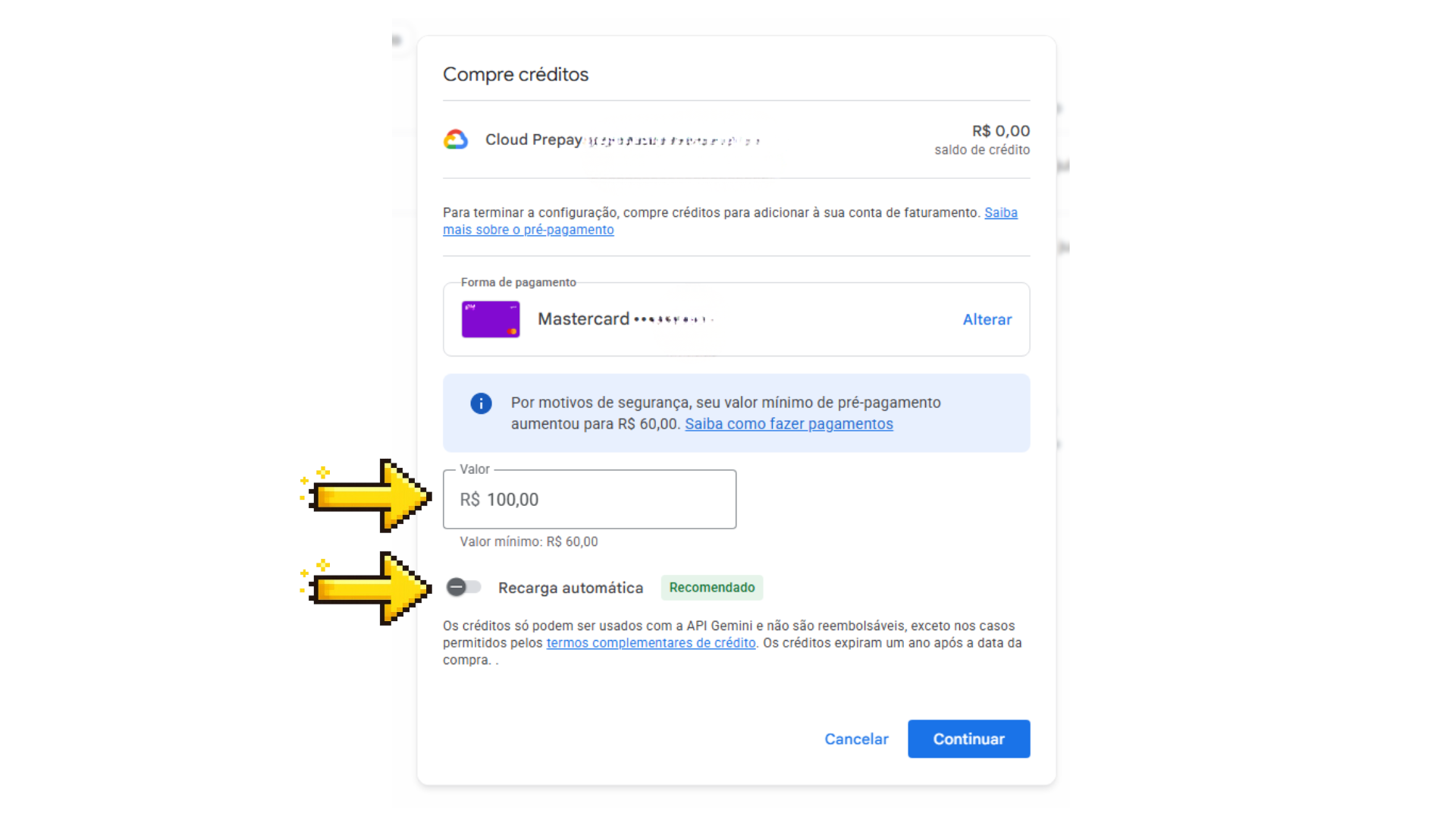 Tela "Faturamento da API Gemini" com saldo de crédito e a opção Faturamento em destaque no menu