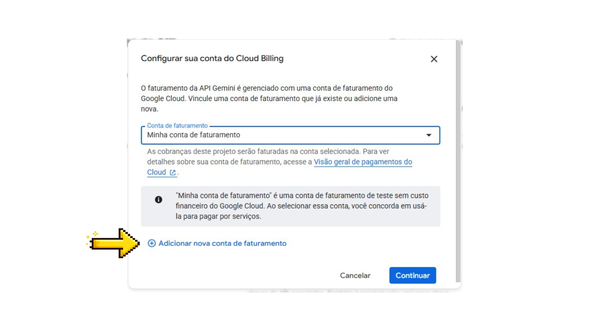 Janela de vínculo da conta de faturamento com a opção "Adicionar nova conta de faturamento" em destaque