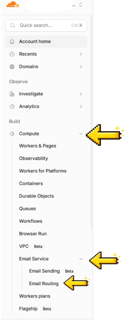 Acesso ao Email Routing no menu da Cloudflare