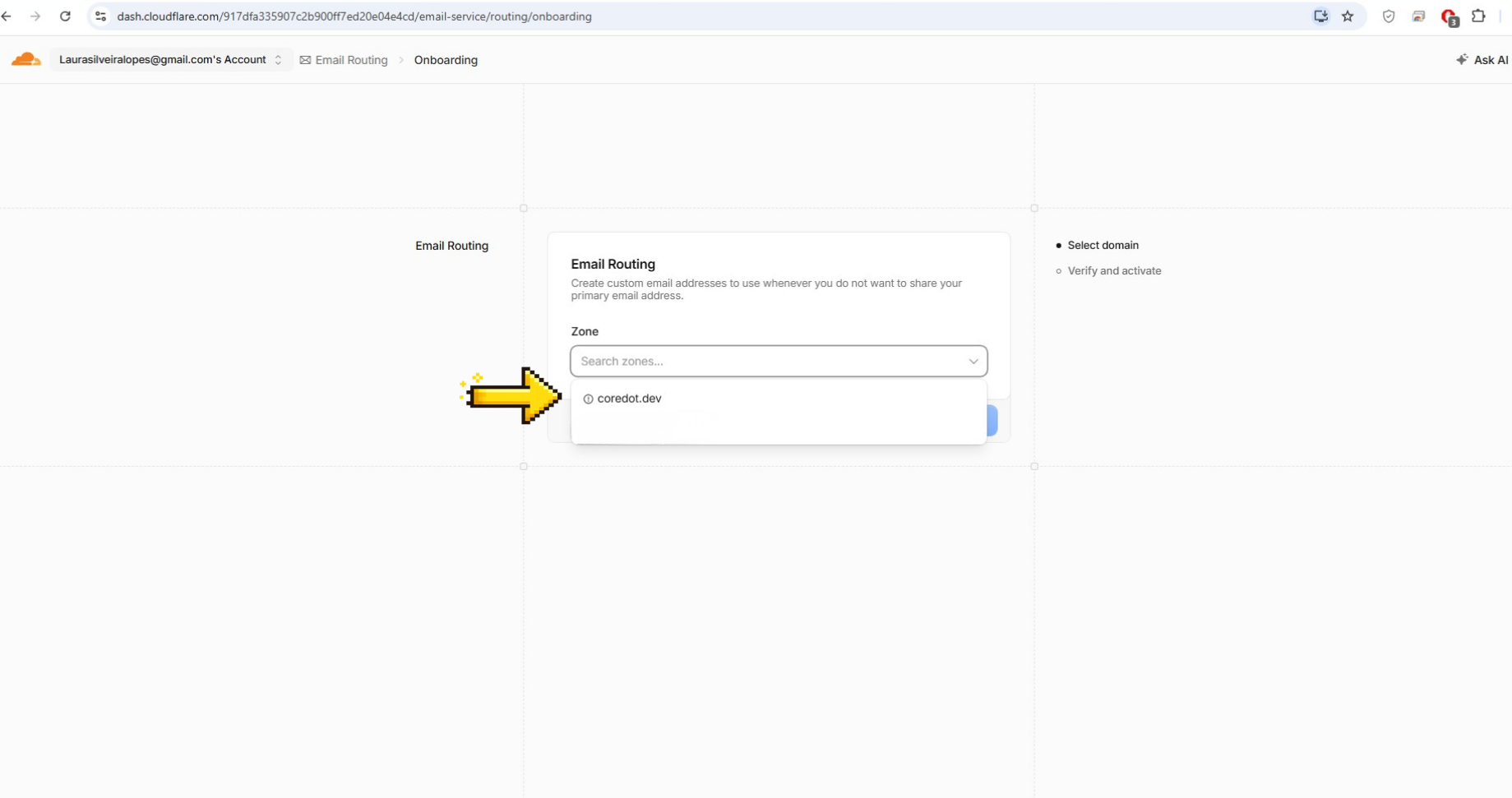 Seleção do domínio para o Email Routing