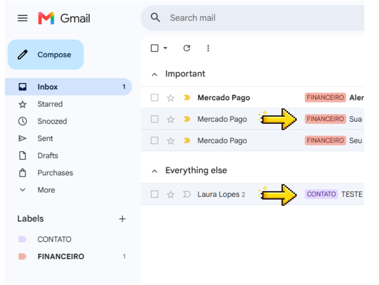 Mensagens organizadas com marcadores no Gmail