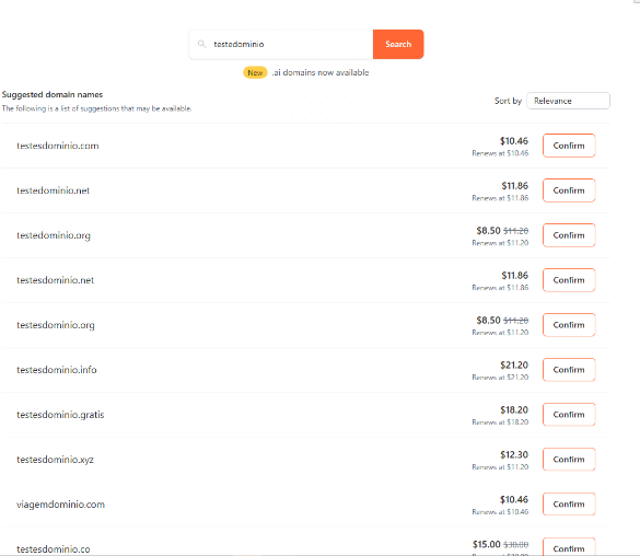 Busca de domínio disponível na Cloudflare com sugestões de preços