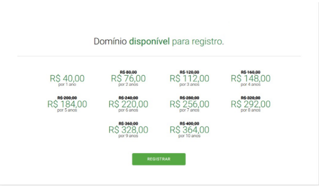 Tabela de preços de registro do Registro.br, de 1 a 10 anos