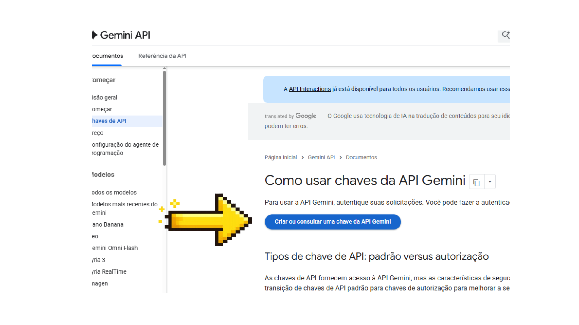 Documentação da API Gemini com destaque para o botão "Criar ou consultar uma chave da API Gemini"