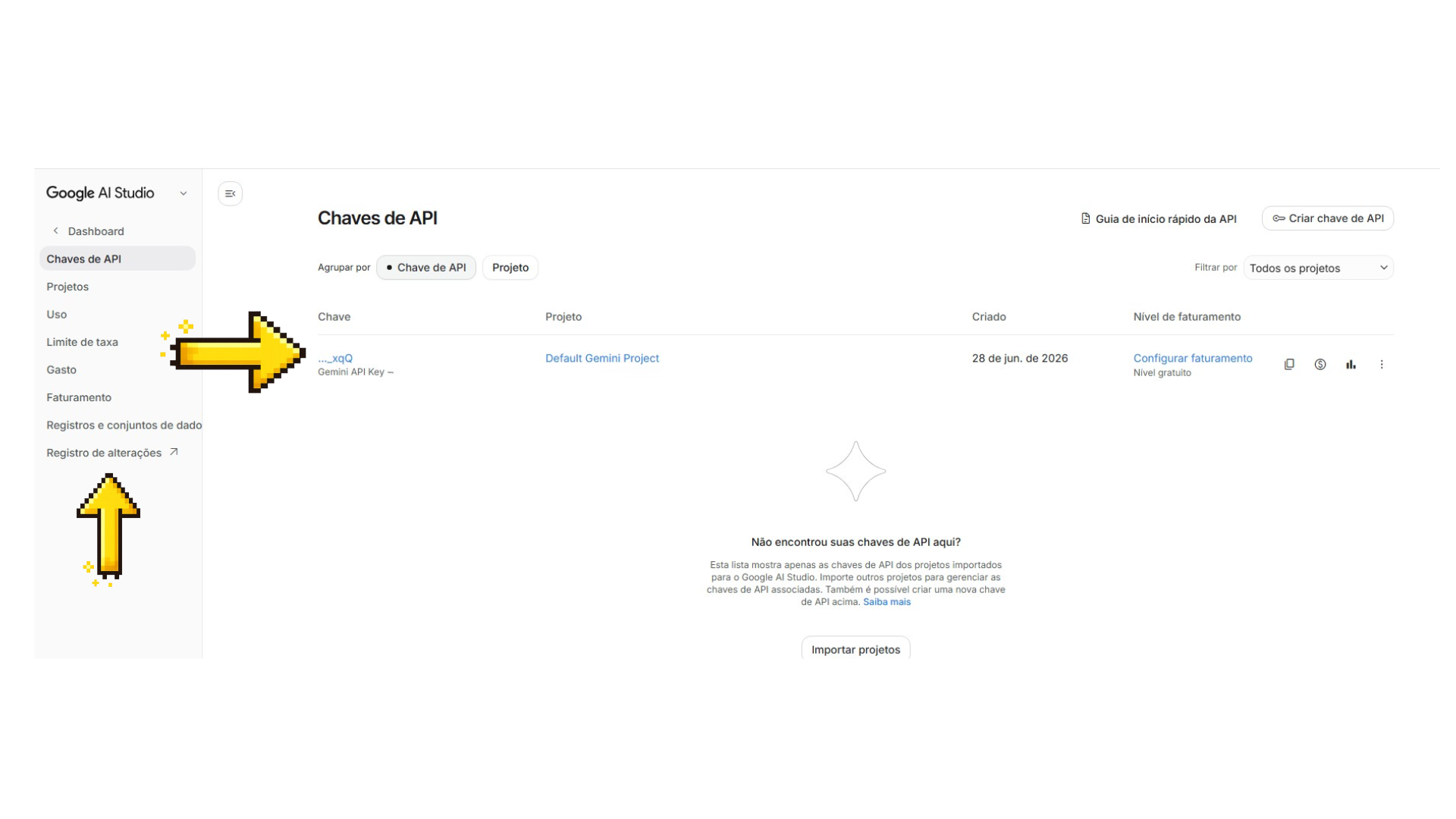 Painel de chaves de API do Google AI Studio com a chave do projeto em destaque