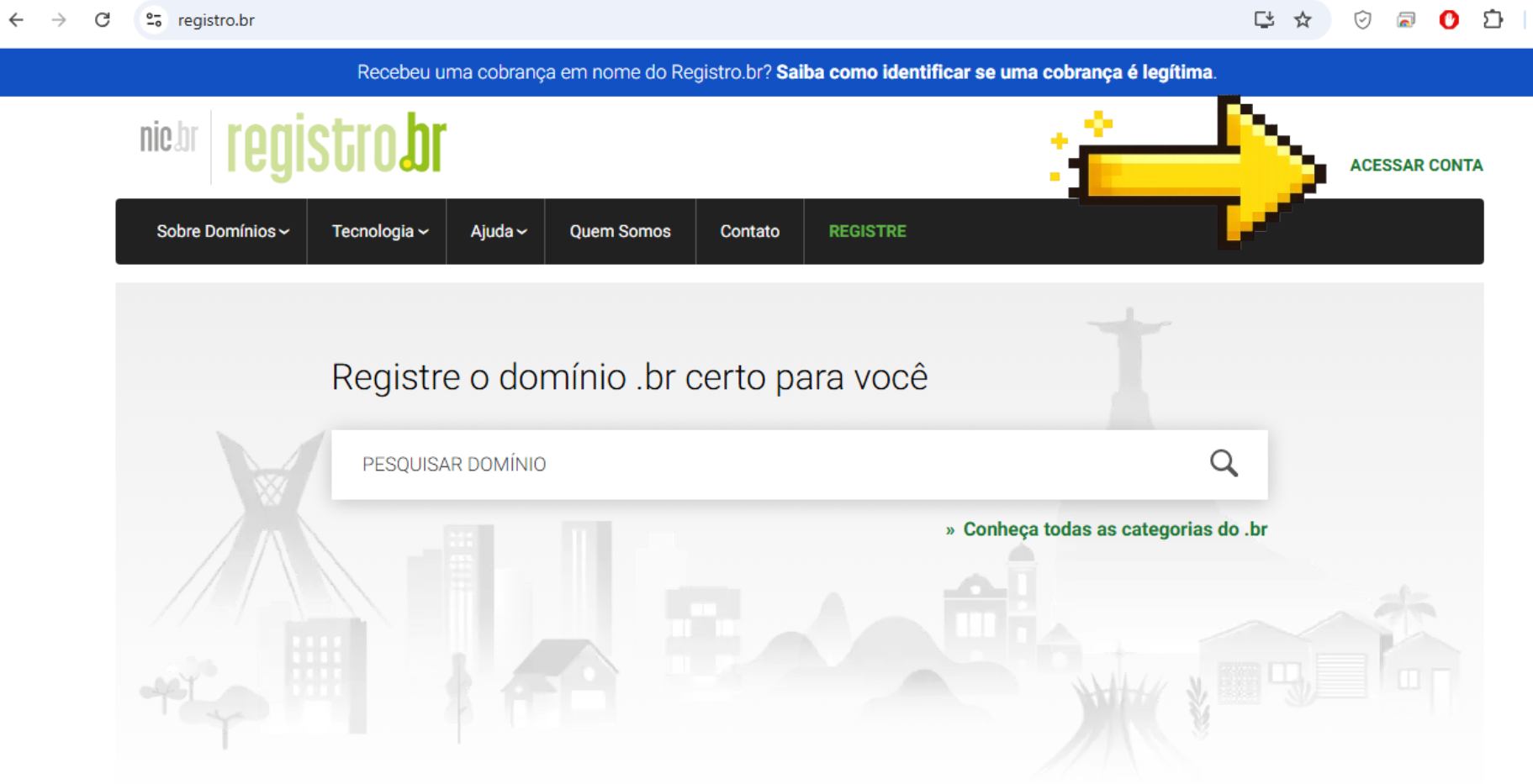 Página inicial do Registro.br com destaque para o botão Acessar conta