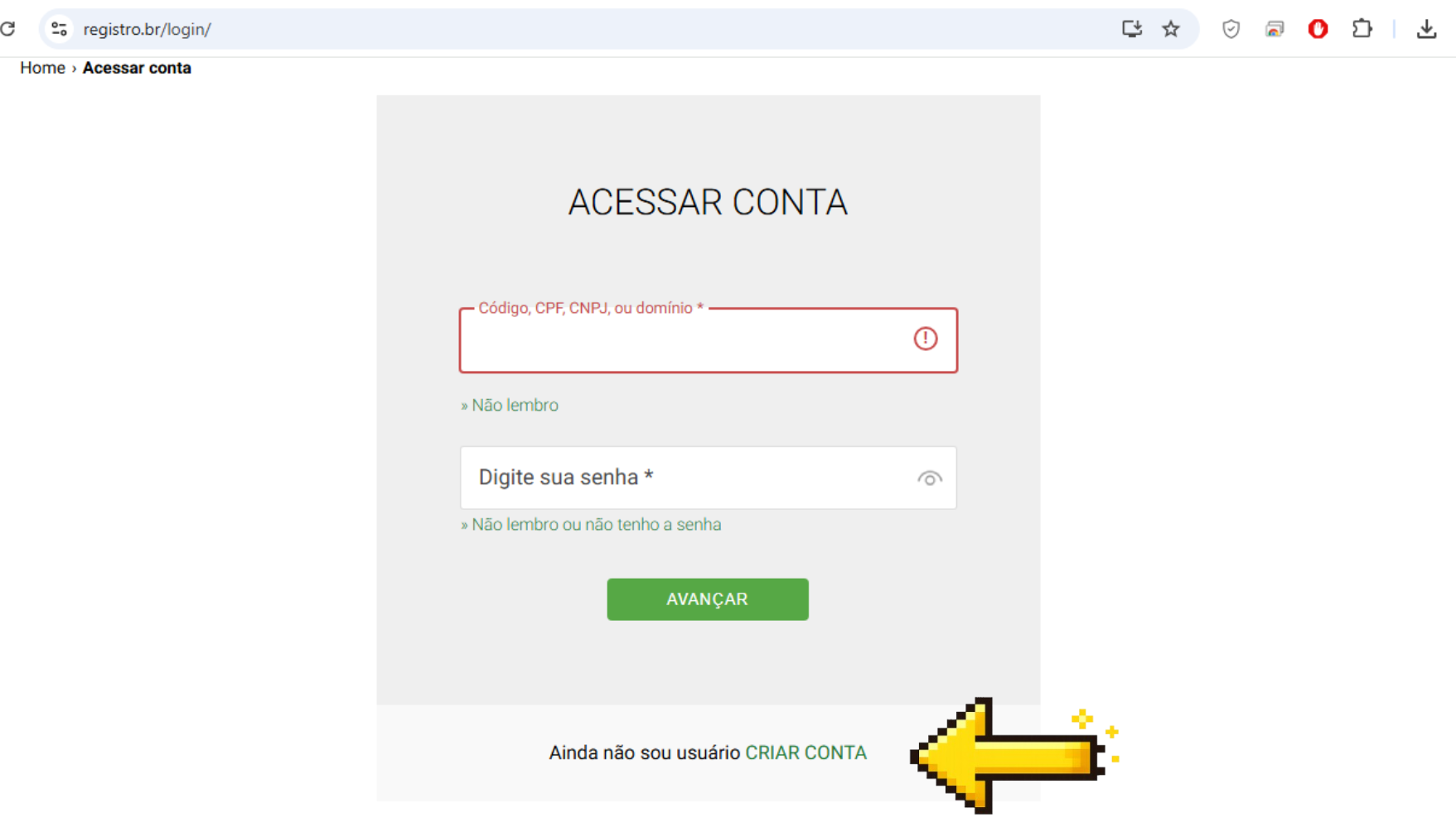 Tela de acesso do Registro.br com destaque para o link Criar conta