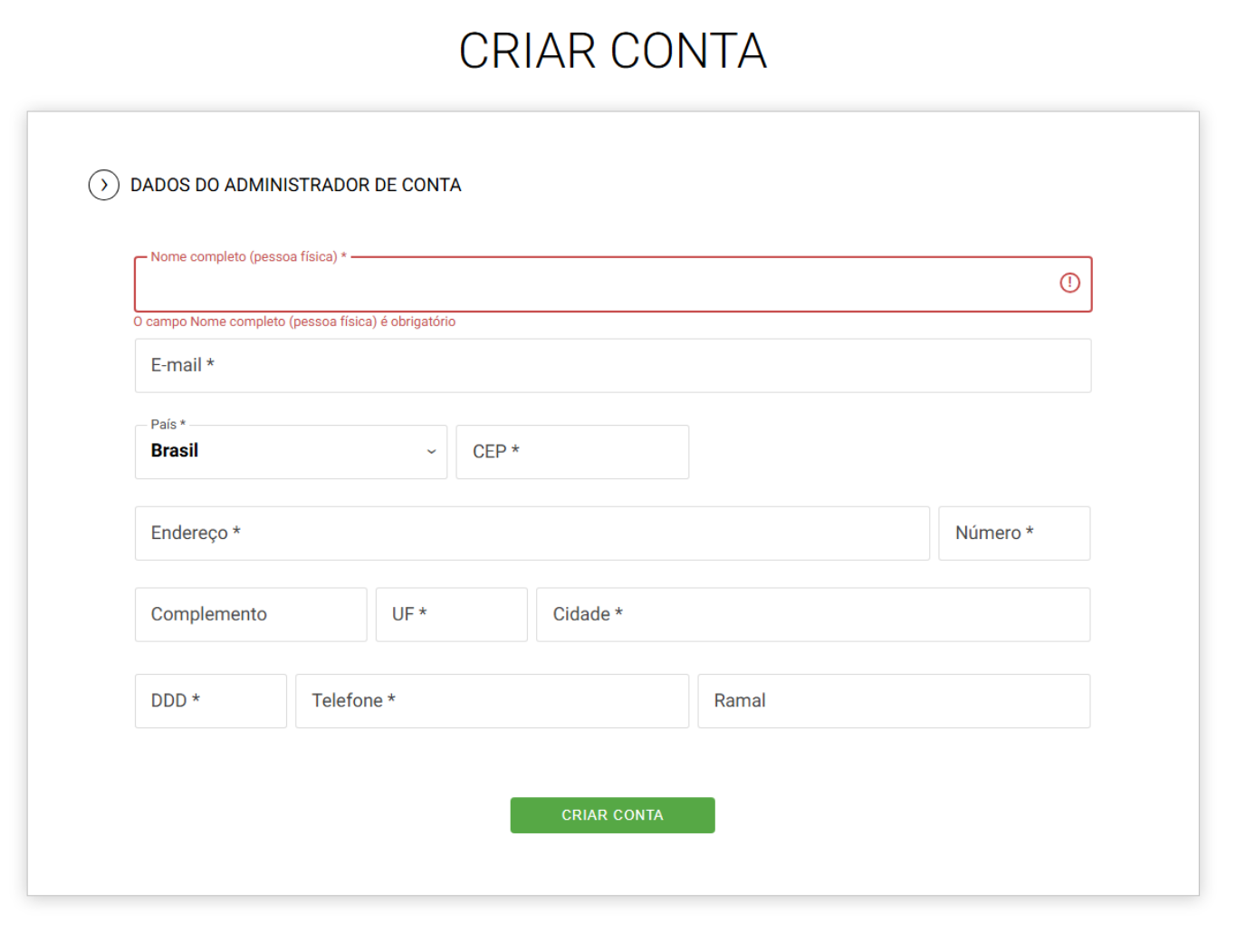Formulário de criação de conta com os dados do administrador