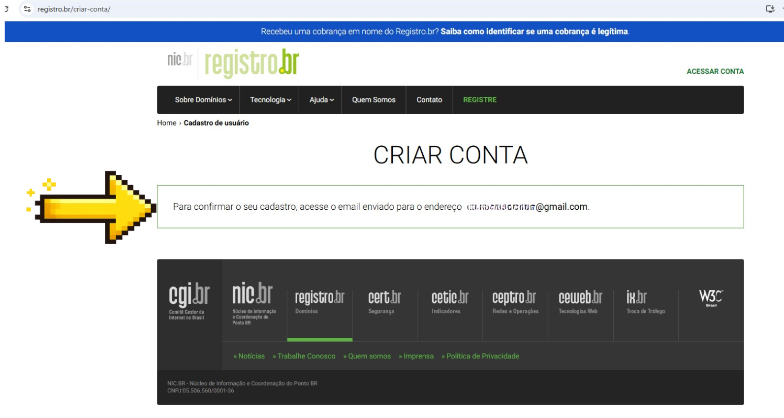 Mensagem de confirmação de envio do e-mail de cadastro