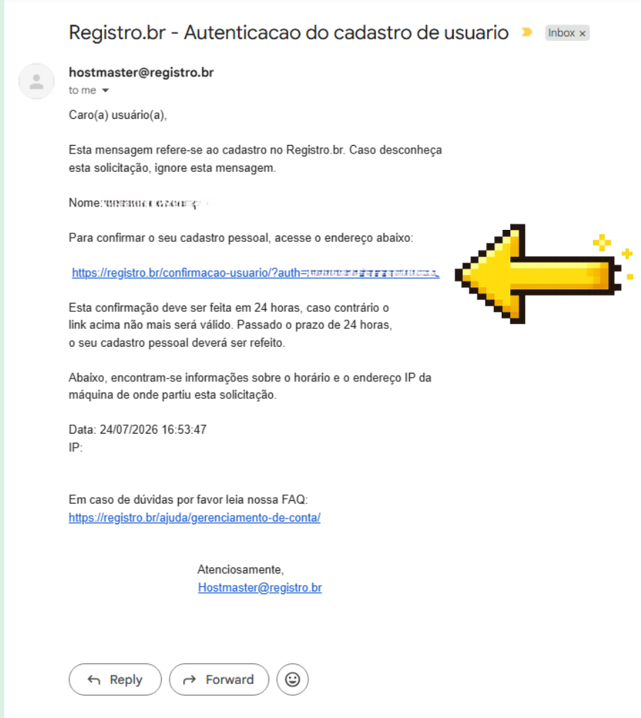 E-mail de autenticação do cadastro enviado pelo Registro.br