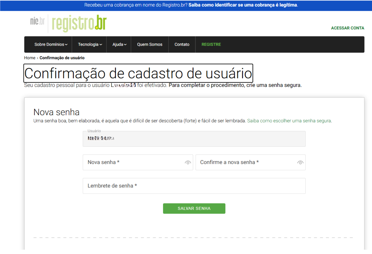 Formulário de criação de senha da conta