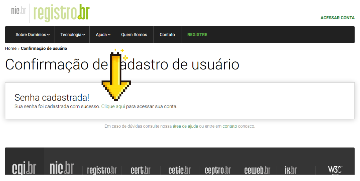 Confirmação de senha cadastrada com link para acessar a conta