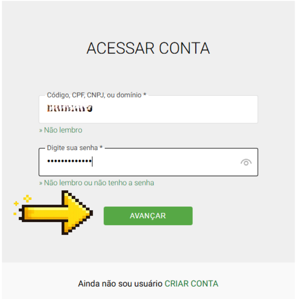 Tela de acesso com o código de usuário e a senha preenchidos