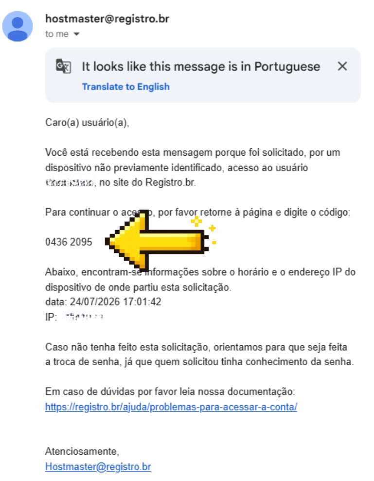 E-mail com o código de acesso para confirmar um novo dispositivo