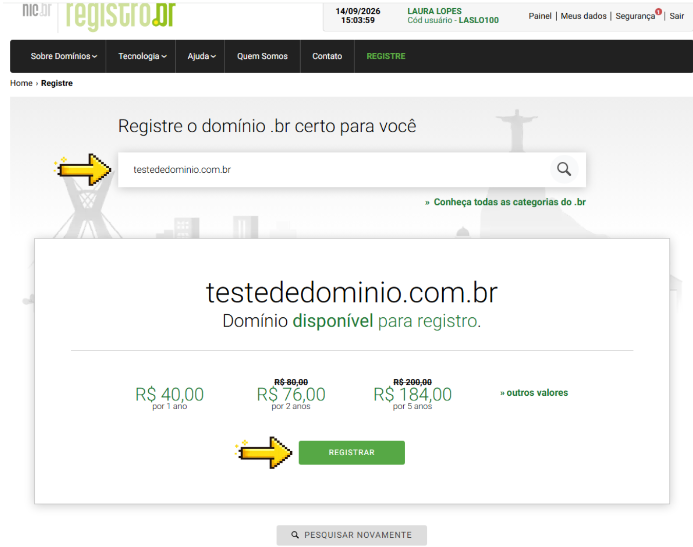 Pesquisa de domínio disponível com valores por período
