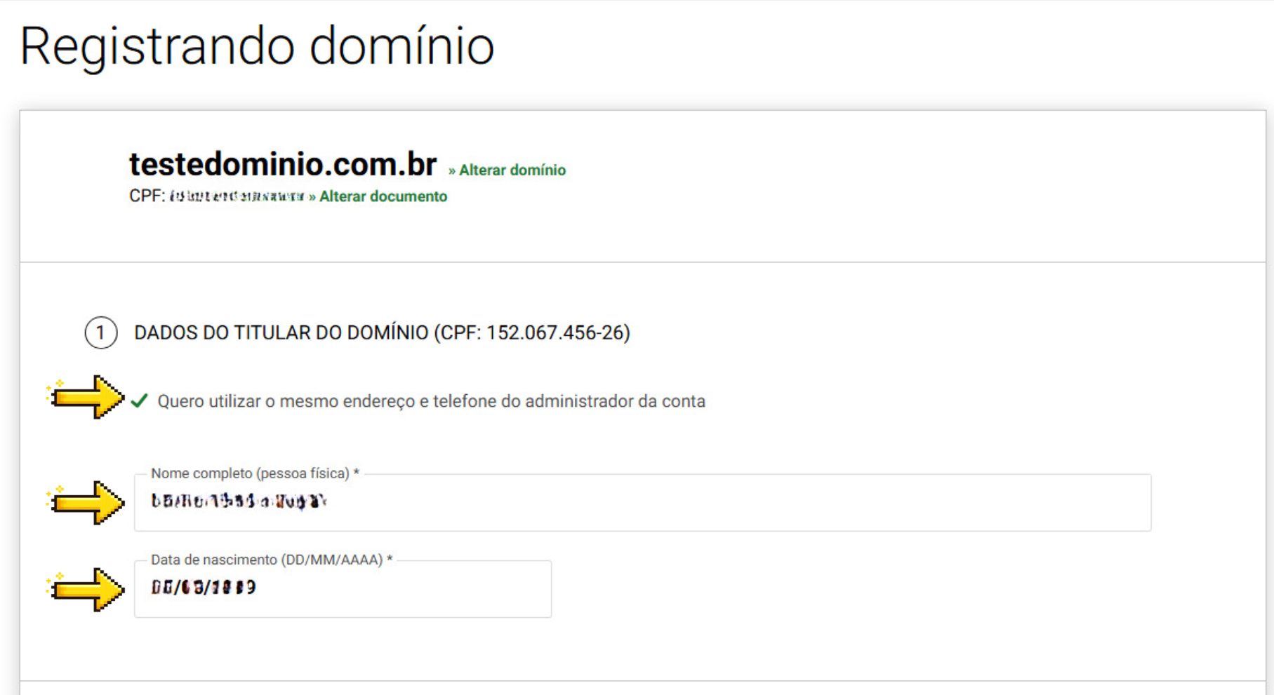 Dados do titular do domínio, com opção de reaproveitar o endereço da conta