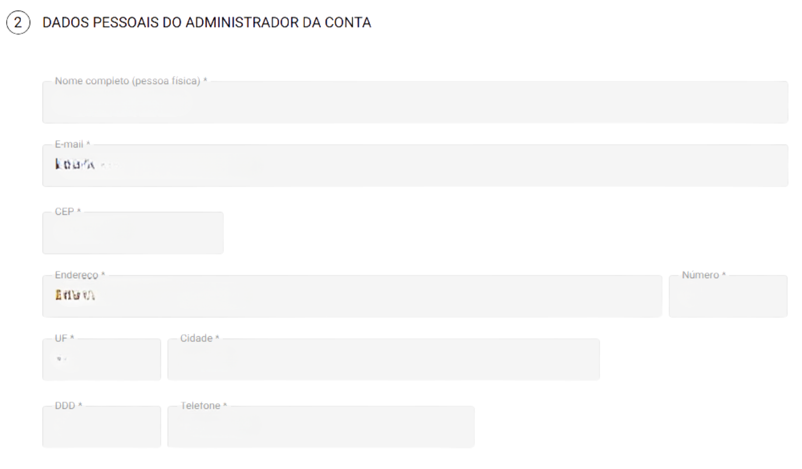 Dados pessoais do administrador da conta a serem confirmados