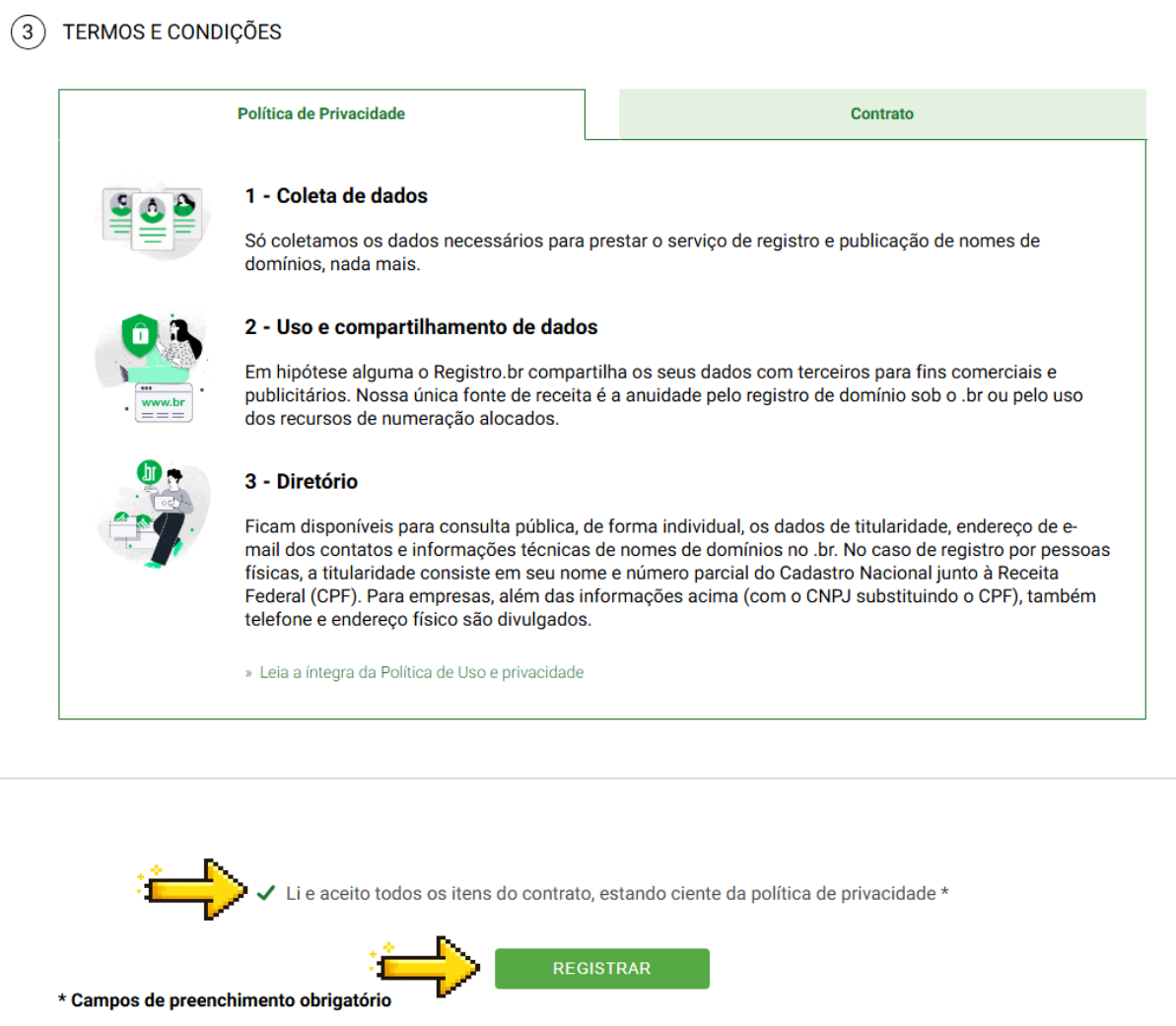 Tela de termos e condições com o botão Registrar