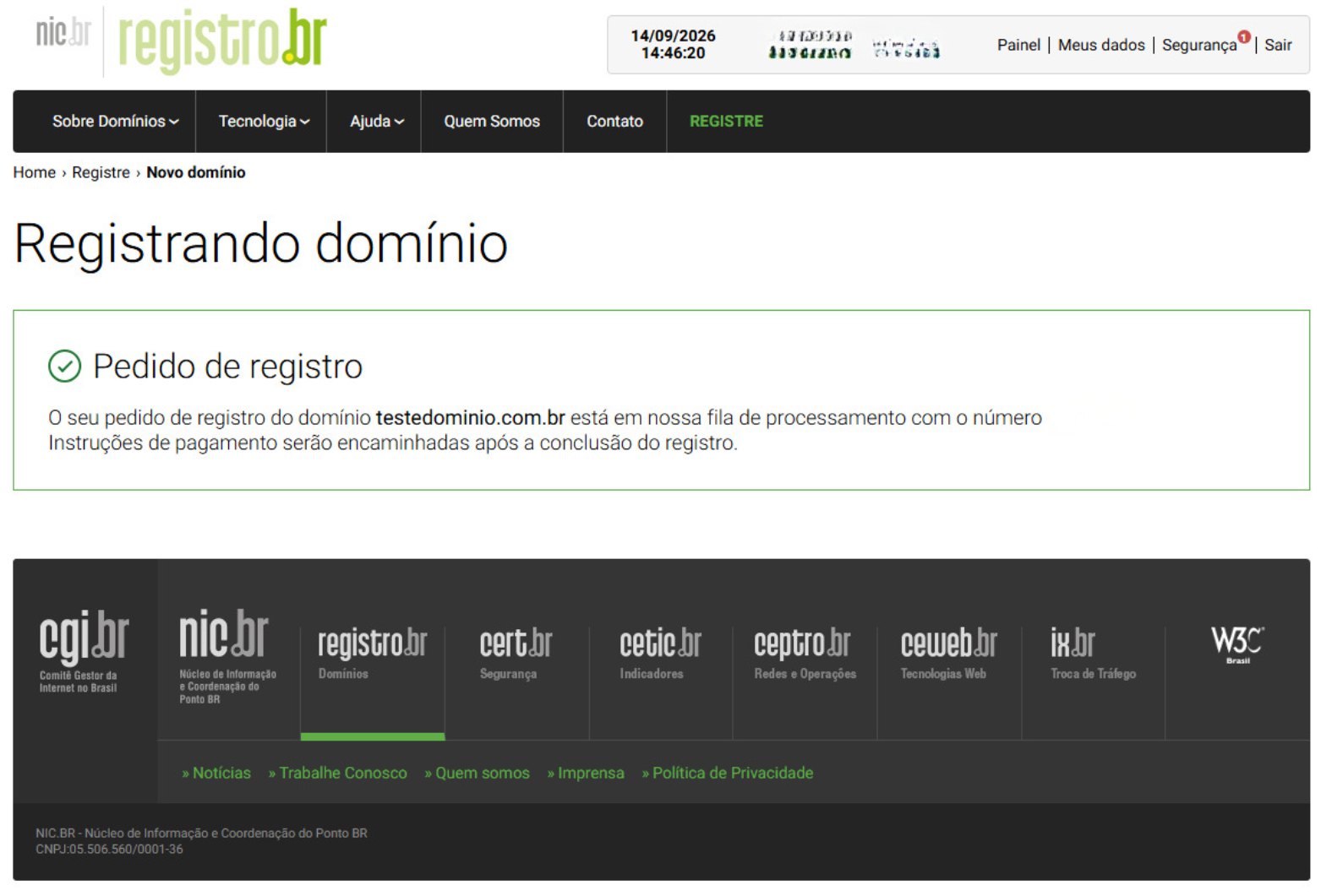 Confirmação do pedido de registro em fila de processamento