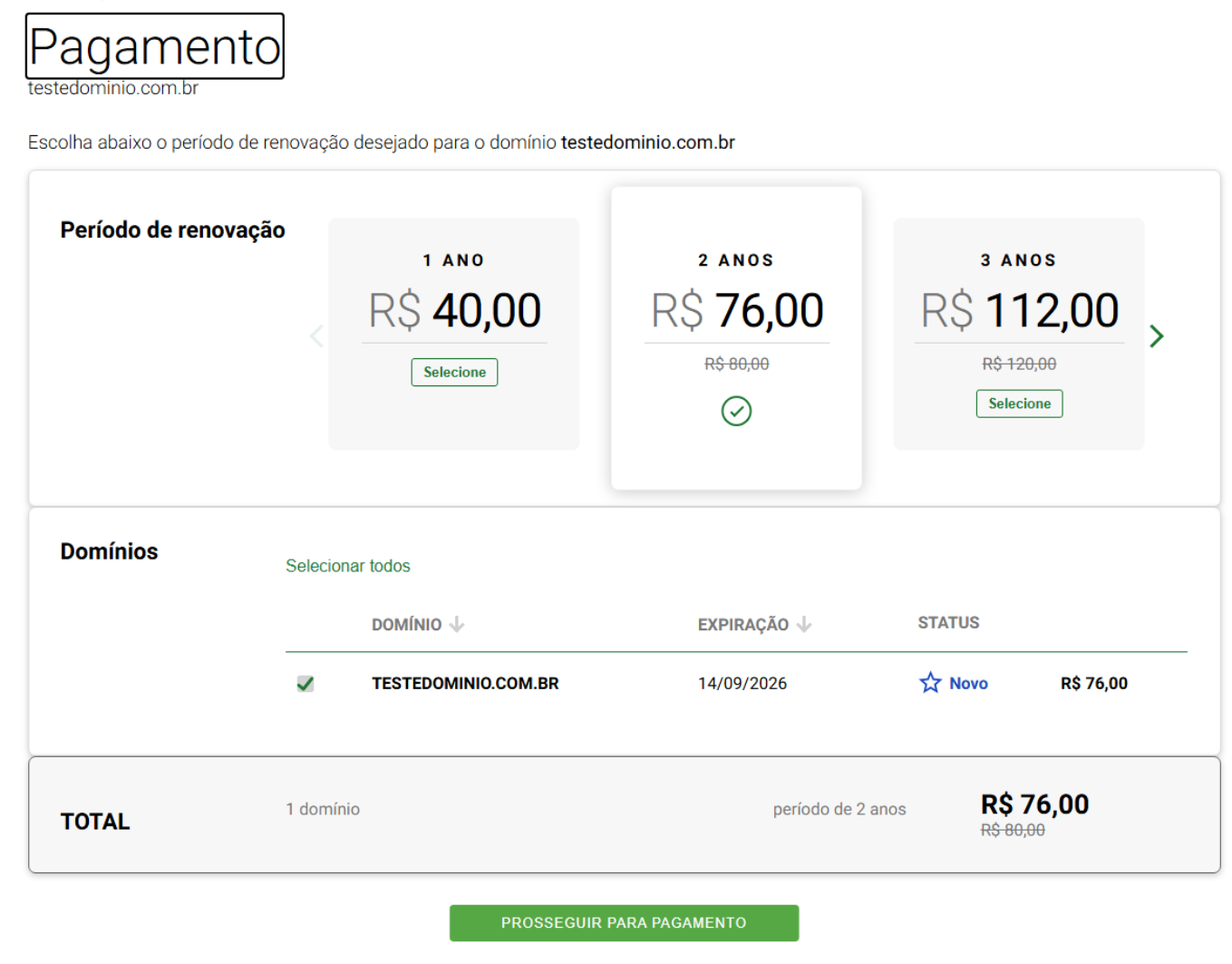 Escolha do período de registro e valor total antes do pagamento