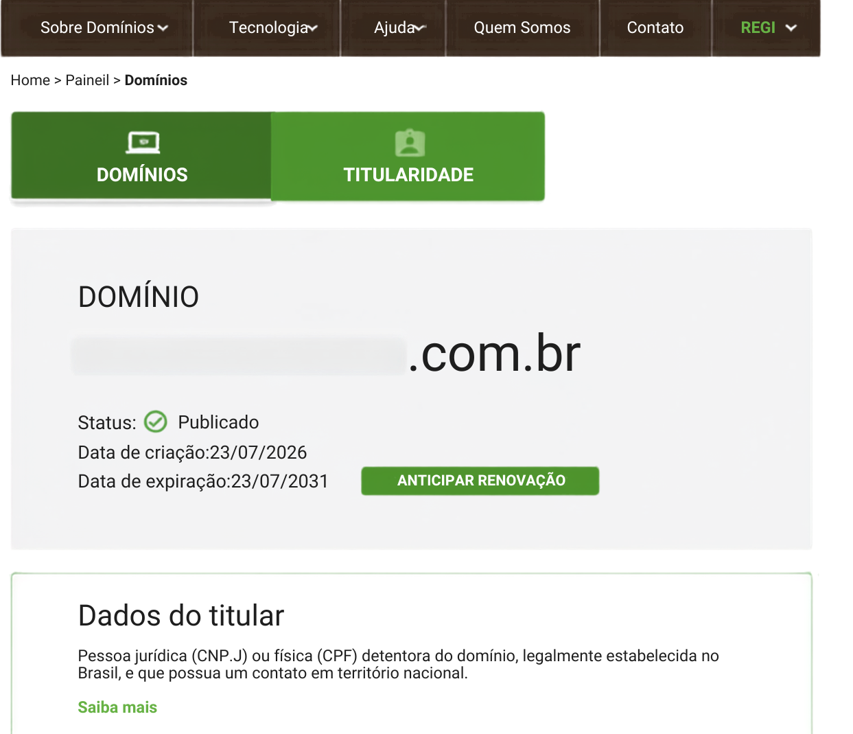 Painel do domínio já registrado, com status Publicado