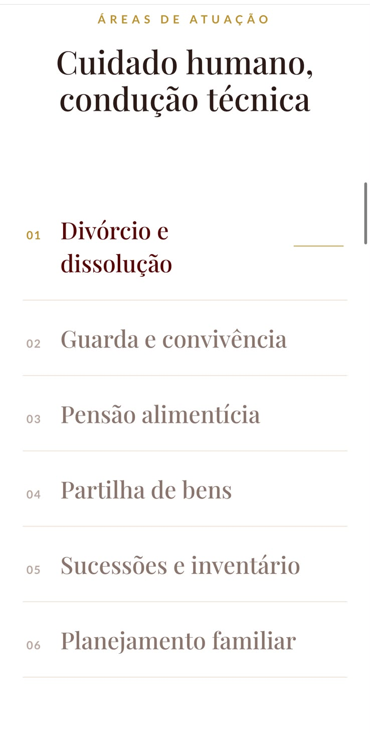 Versão mobile das áreas de atuação
